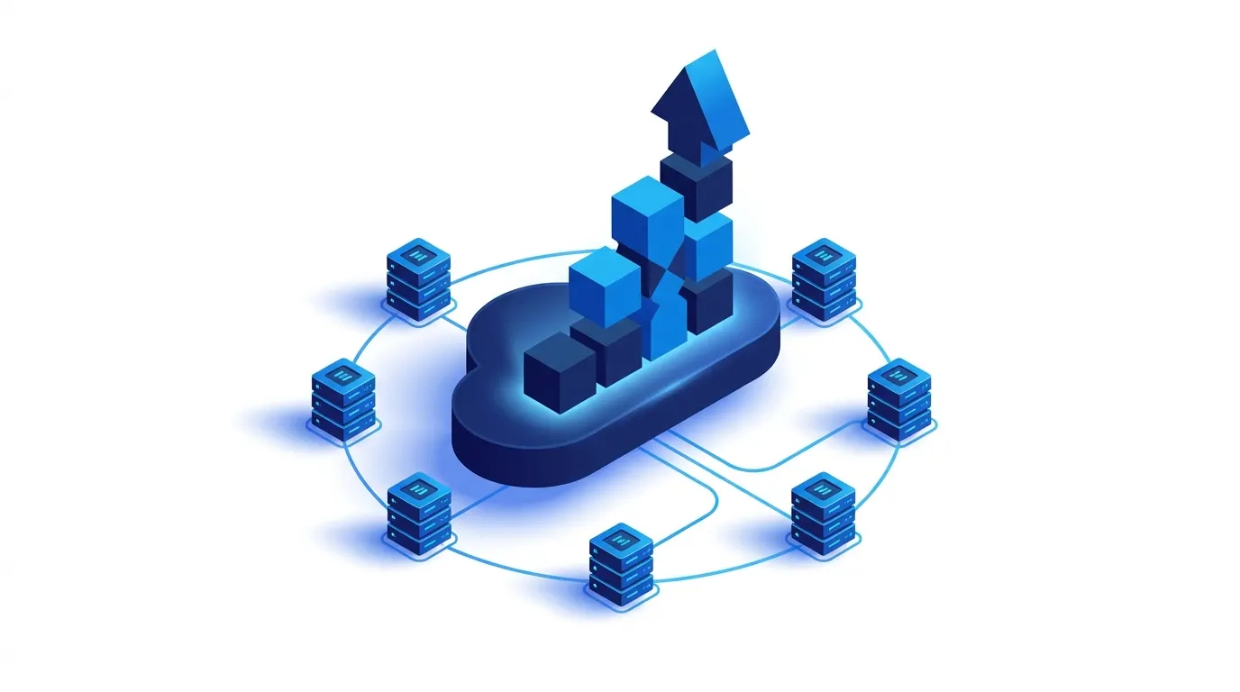 Cloud-Symbol mit wachsendem Balkendiagramm und vernetzten Servern – Symbolbild für skalierbare Cloud-Infrastruktur