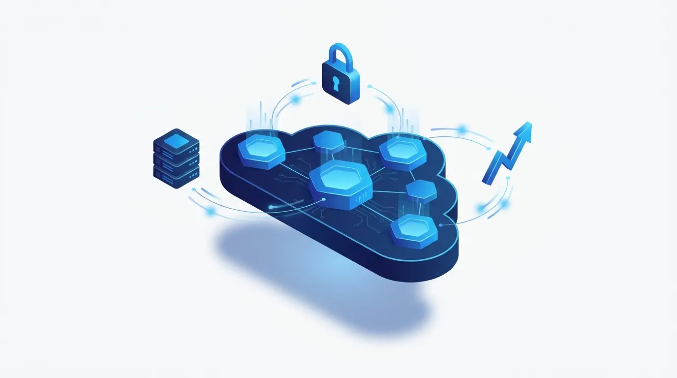 Cloud-Infrastruktur mit vernetzten Servern, Sicherheitsschloss und Wachstumspfeil – Symbolbild für Cloud Computing Trends