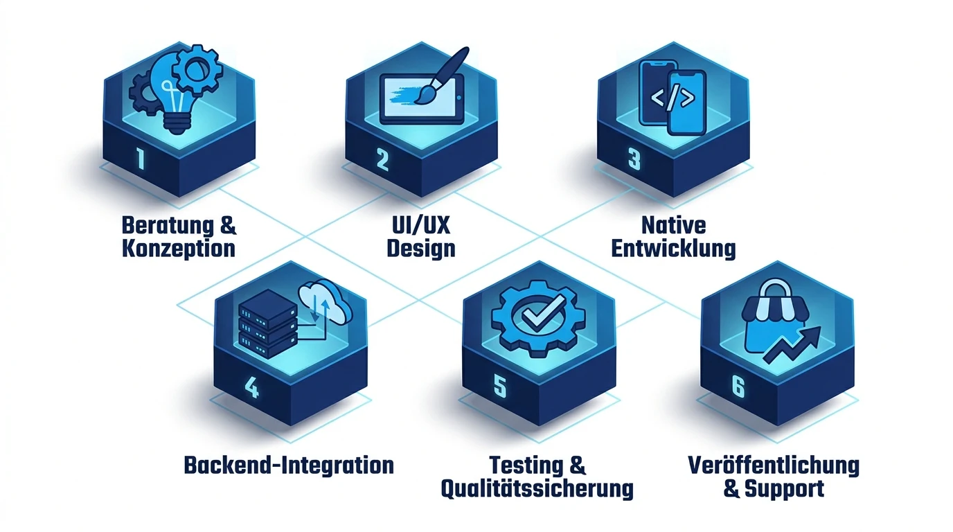 Sechs Leistungen der Native App Entwicklung bei Dycon Technologies: Beratung & Konzeption, UI/UX Design, Native Entwicklung, Backend-Integration, Testing & Qualitätssicherung, Veröffentlichung & Support