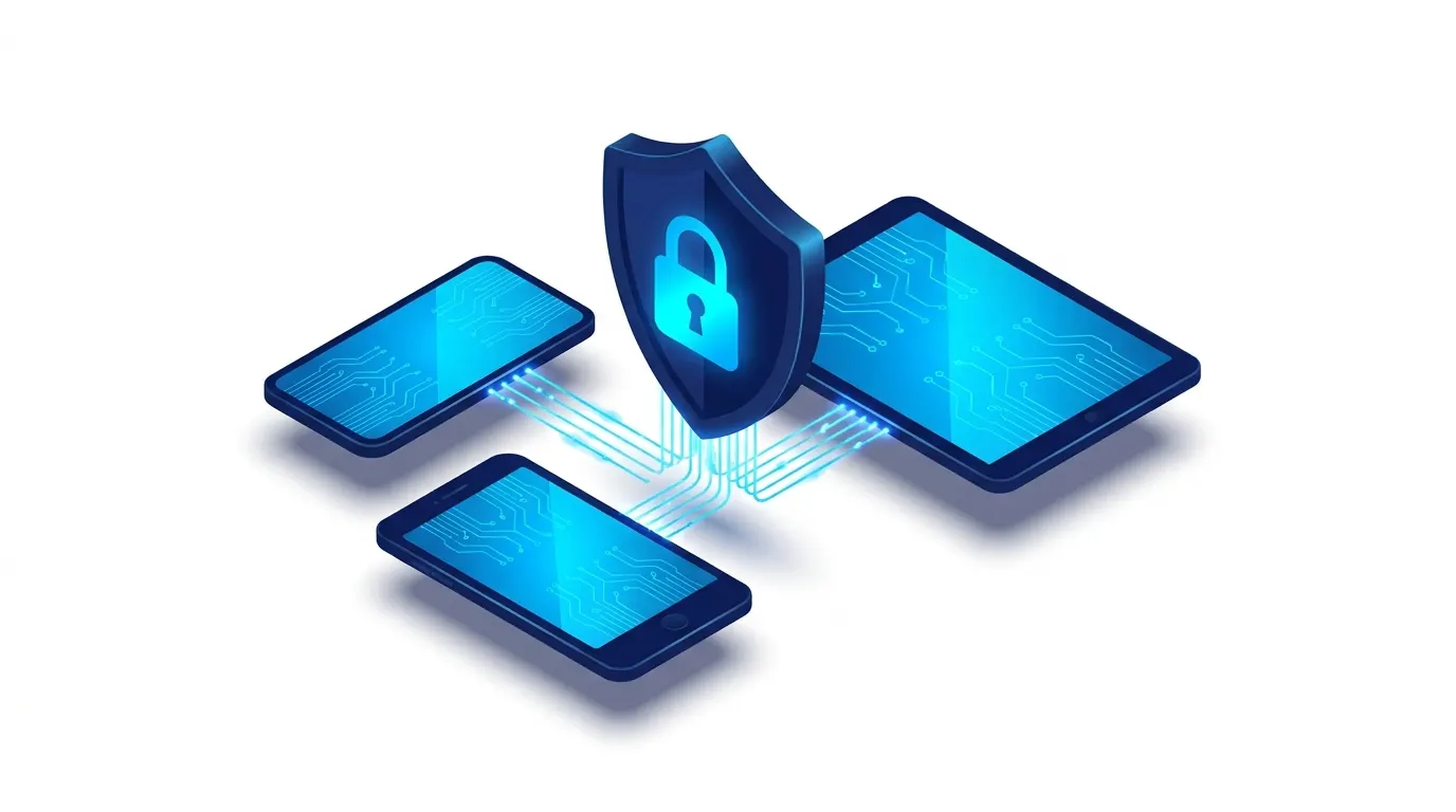Smartphones und Tablet zentral über ein Sicherheitsschild verwaltet – Symbolbild für Mobile Device Management